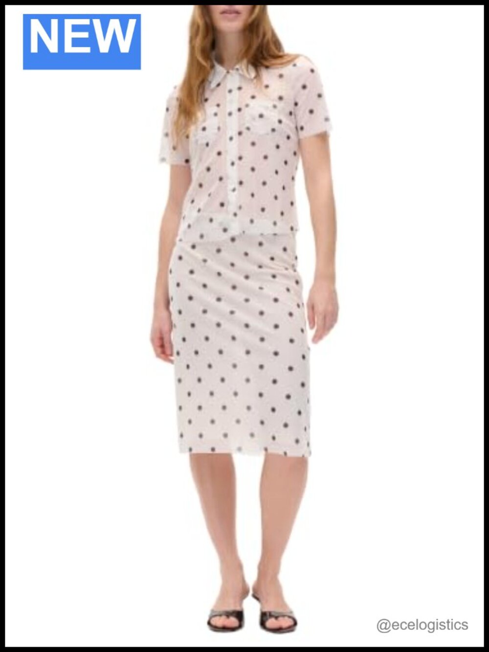 Fitted Midi Skirt Polka Dot Print Stretch Mesh Lining